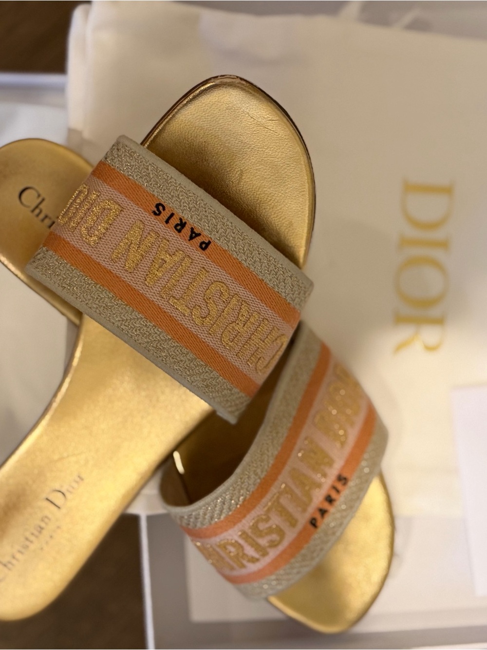 Dior Peach, Beige and Gold Embroidered DWay Slides - 38.5